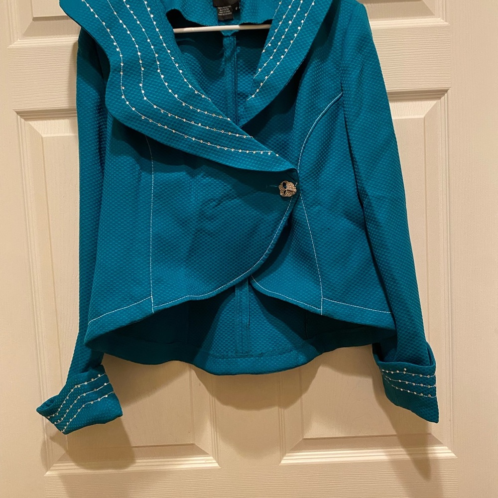 Ashro Teal Women's Suit with White Stitching and Rhinestones